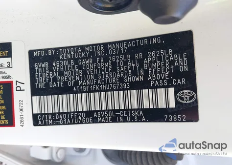 2017 Toyota Camry Se из США, поврежденный, VIN 4T1BF1FK1HU767393